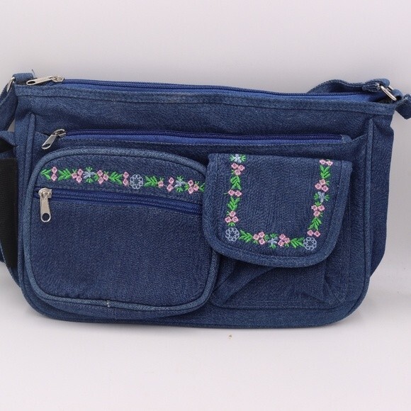Vintage 90s Y2K Denim Messenger Bag Floral Embroidered Boho Purse - Picture 10 of 12
